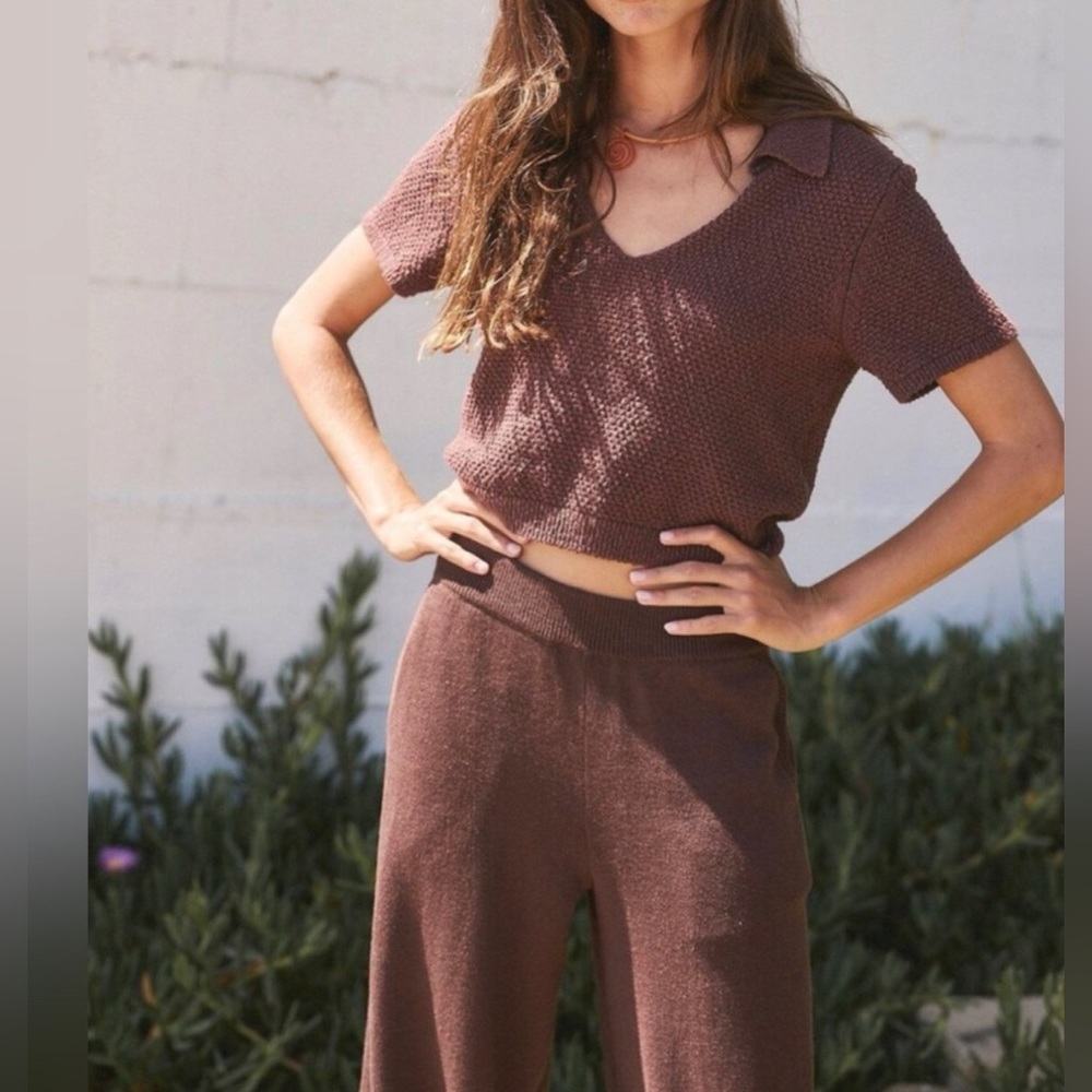 Free‎ People FP Beach brown Nolan short sleeve v-neck polo style top size small